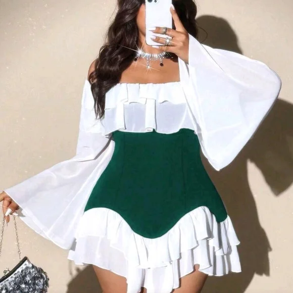 Shein Viva Relle 2XL Women's Elegant Romantic Sexy Green & White Ruffle Dress - Picture 4 of 7